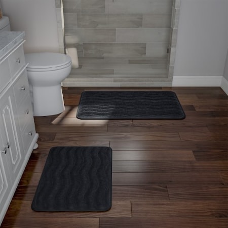 Hastings Home 2-piece Bathroom Rug Set, Memory Foam Mats, Wavy Microfiber Non-Slip Absorbent Runner, Black 903237XPT